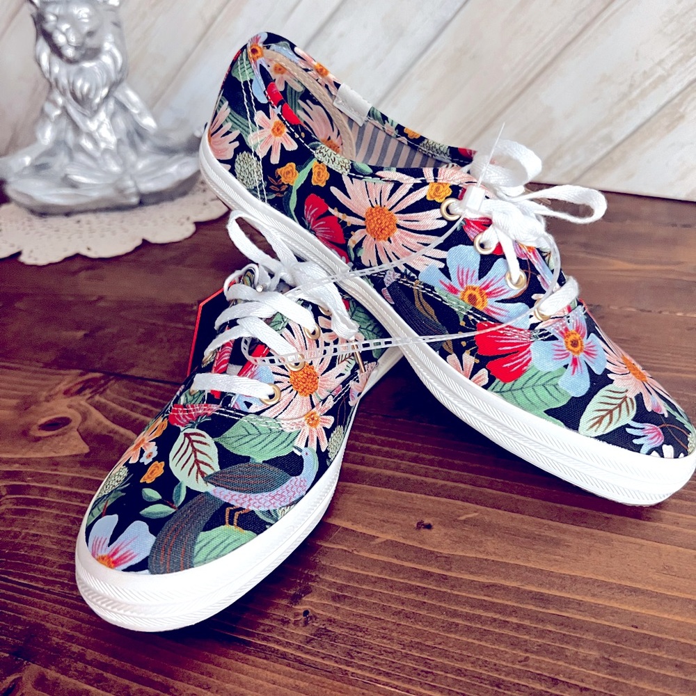 NWT Keds by Rifle Paper Co. Size 5 1/2 navy blue w/floral shoes,lace-up closure